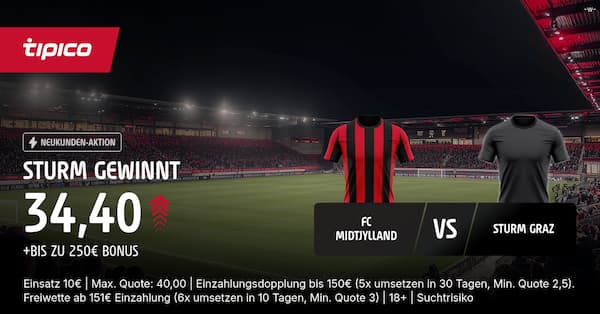 Sturm besiegt Midtjylland zu Quote 34.40 bei Tipico!