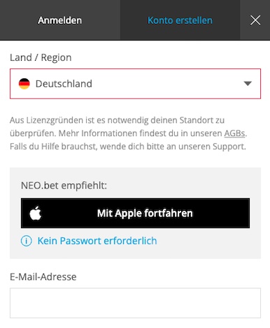 Die Registrierung bei NEO.bet