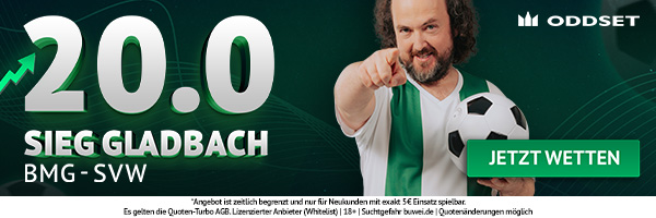 Bei ODDSET registrieren und mit Quote 20.0 auf Gladbach wetten!