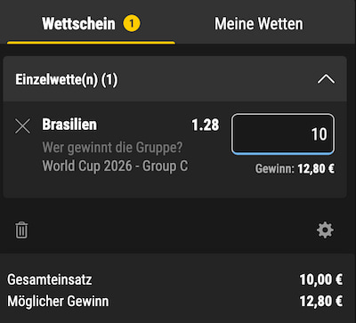 Wettschein mit Brasilien gewinnt Gruppe C bei der WM 2026 - Bwin