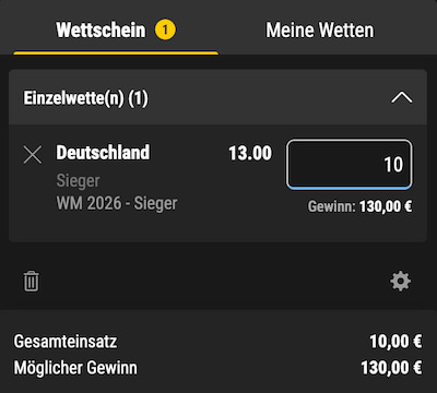 Deutschland wird Weltmeister Wettschein bei Bwin mit Quote 13.0.