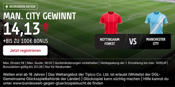 Tipico Quotenboost bringt 9-fache Quote auf Sieg Man City