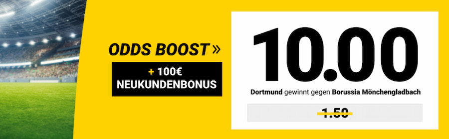 Quote 10.0 auf Dortmund gewinnt gegen Mönchengladbach dank Interwetten Quotenboost