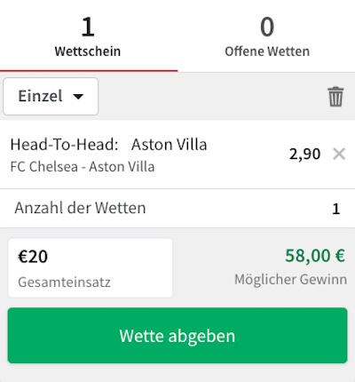 Quote 2.90 auf Aston Villa besiegt Chelsea beim Tipico H2H Tipp der Woche