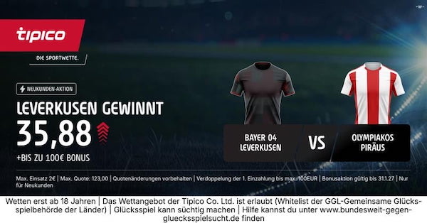 1950% Quotenboost von Tipico auf Leverkusen besiegt Piräus!