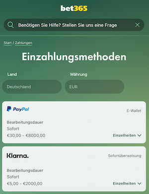 Die Einzahlungsmethoden von bet365