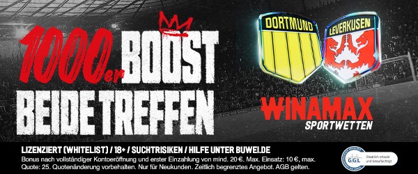 1.000% Boost bei Winamax zum Duell Dortmund vs Leverkusen