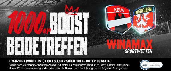 1.000 % Boost bei Winamax zu Köln vs Leverkusen