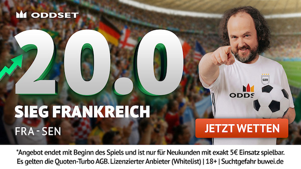 Registriere dich bei ODDSET und wette mit Quote 20.0 auf einen Sieg von Frankreich