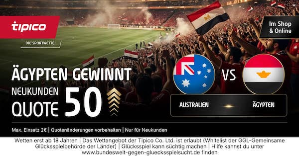 Wette bei Tipico mit Quote 50.0 auf einen Erfolg von Ägypten