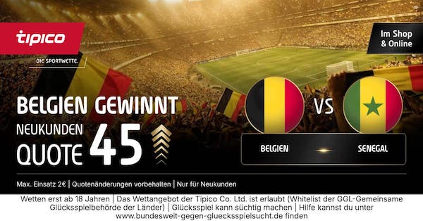 Bei Tipico anmelden und mit Quote 45.0 auf Sieg Belgien wetten