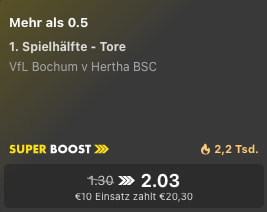 Quote 2.03 auf mehr als 0,5 Tore in der 1. Halbzeit bei Bochum-Hertha (bet365 Superboost)