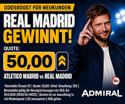 Quote 50.0 auf Real besiegt Atletico - nur bei Admiral